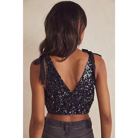 NEW Free People Intimately Big Night Sequin Crop Top BLACK Women's MEDIUM - Picture 2 of 6